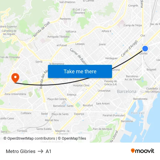 Metro Glòries to A1 map