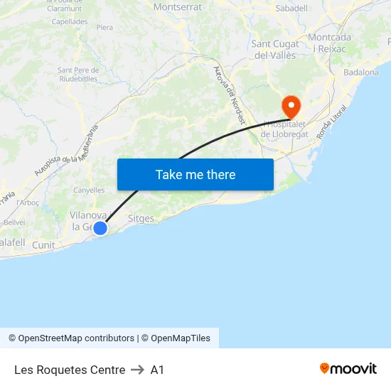 Les Roquetes Centre to A1 map