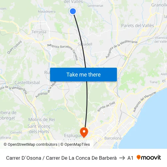 Carrer D´Osona / Carrer De La Conca De Barberà to A1 map