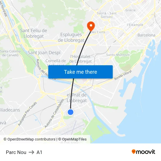 Parc Nou to A1 map