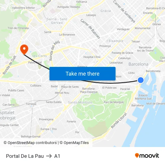 Portal De La Pau to A1 map