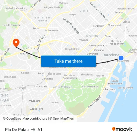 Pla De Palau to A1 map