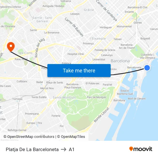 Platja De La Barceloneta to A1 map