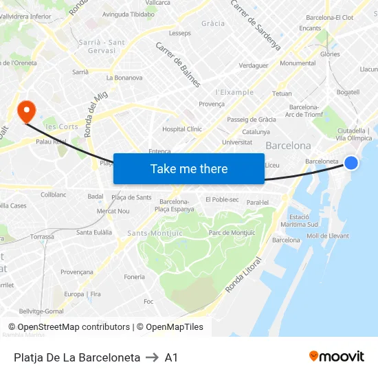 Platja De La Barceloneta to A1 map