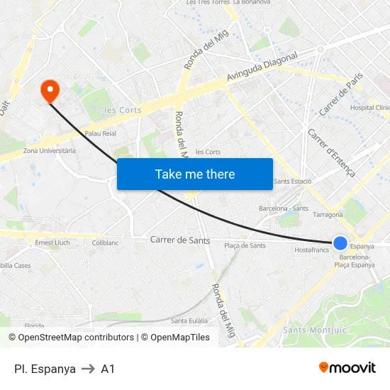 Pl. Espanya to A1 map