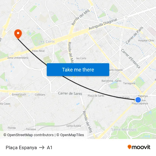 Plaça Espanya to A1 map