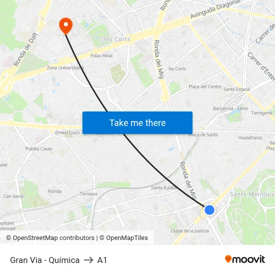 Gran Via - Química to A1 map