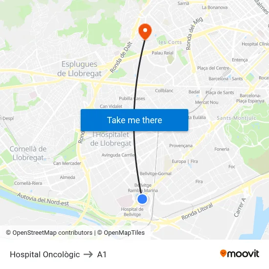 Hospital Oncològic to A1 map