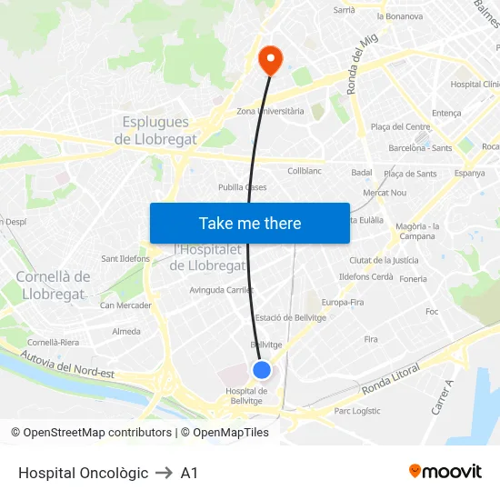 Hospital Oncològic to A1 map