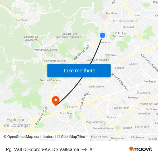 Pg. Vall D'Hebron-Av. De Vallcarca to A1 map