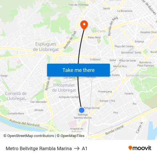 Metro Bellvitge Rambla Marina to A1 map