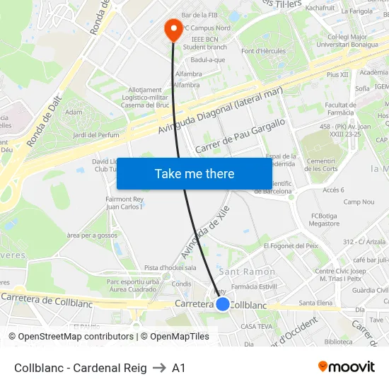 Collblanc - Cardenal Reig to A1 map