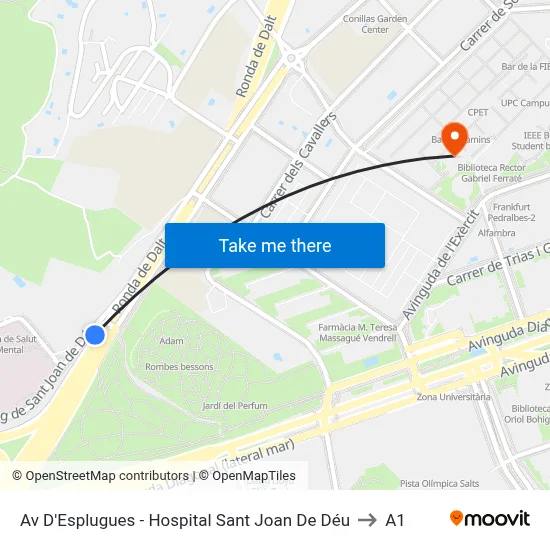 Av D'Esplugues - Hospital Sant Joan De Déu to A1 map