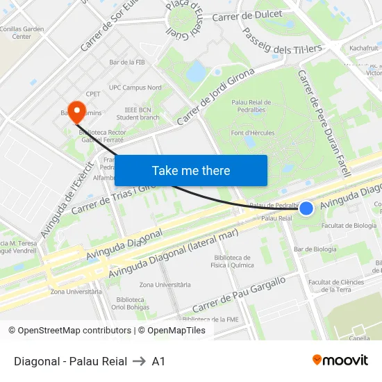 Diagonal - Palau Reial to A1 map