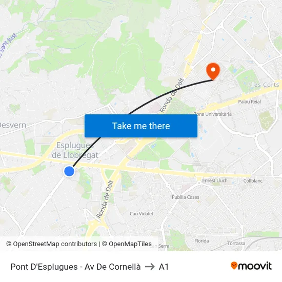 Pont D'Esplugues - Av De Cornellà to A1 map
