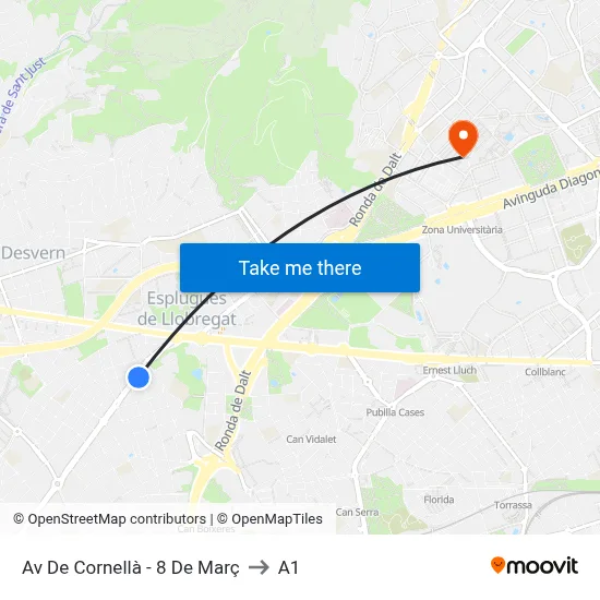 Av De Cornellà - 8 De Març to A1 map