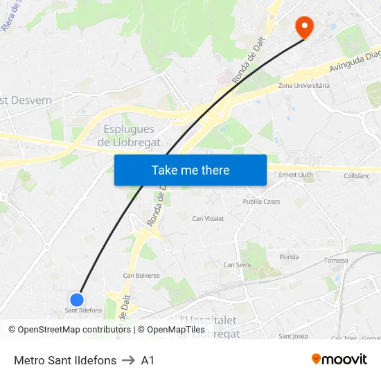 Metro Sant Ildefons to A1 map