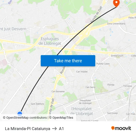La Miranda-Pl Catalunya to A1 map