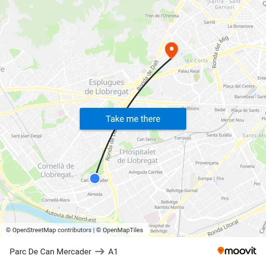 Parc De Can Mercader to A1 map
