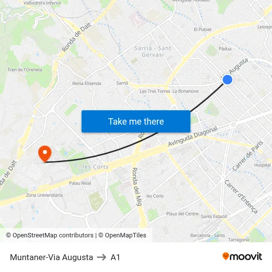 Muntaner-Via Augusta to A1 map