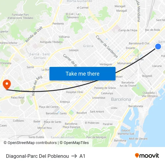 Diagonal-Parc Del Poblenou to A1 map