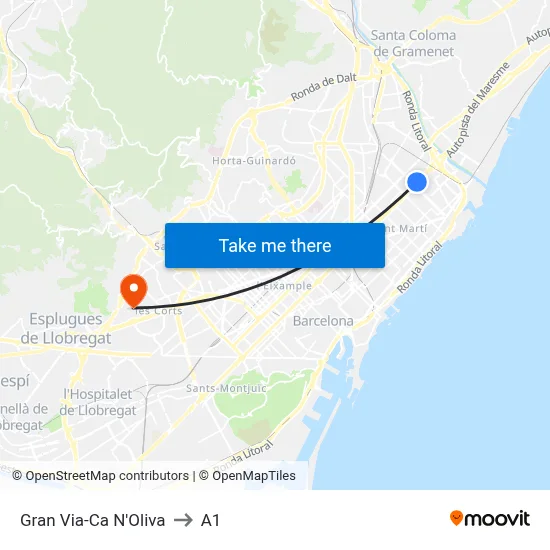 Gran Via-Ca N'Oliva to A1 map