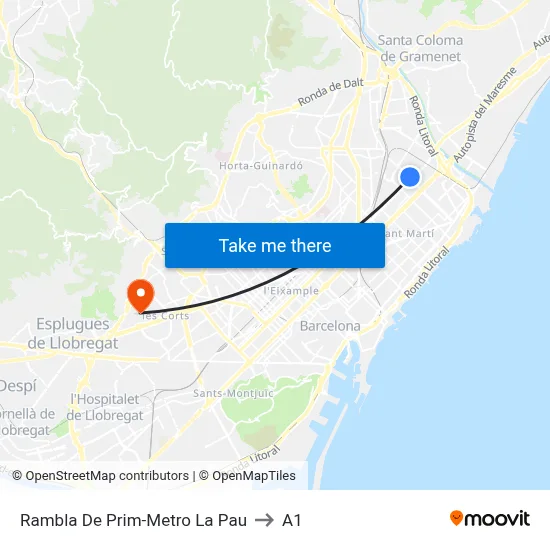 Rambla De Prim-Metro La Pau to A1 map