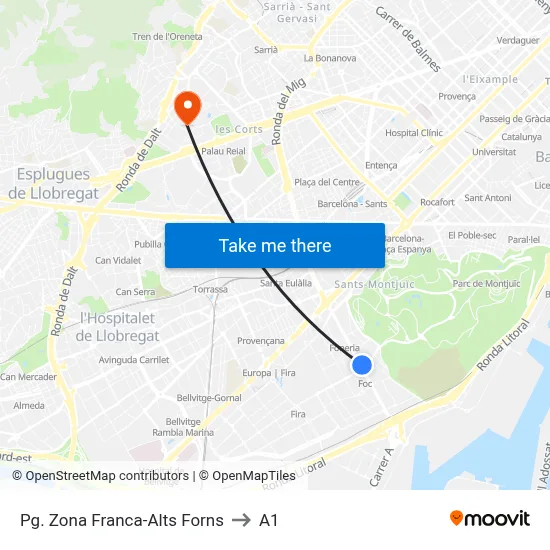Pg. Zona Franca-Alts Forns to A1 map
