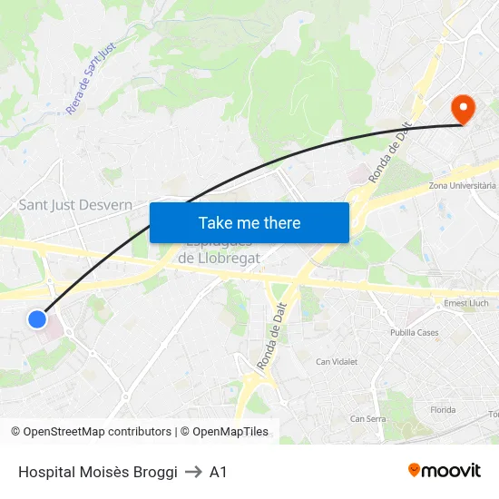 Hospital Moisès Broggi to A1 map