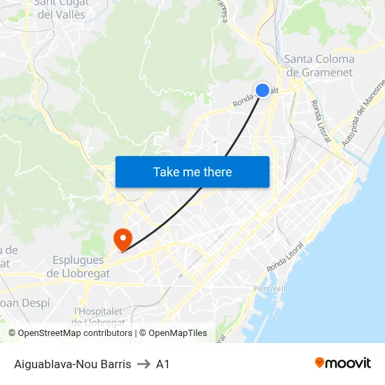 Aiguablava-Nou Barris to A1 map