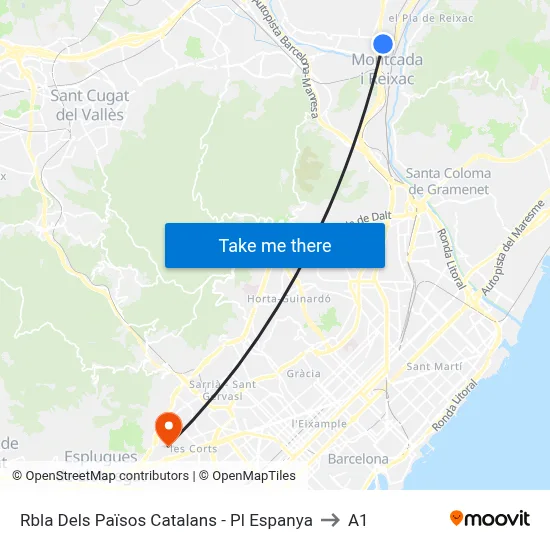 Rbla Dels Països Catalans - Pl Espanya to A1 map