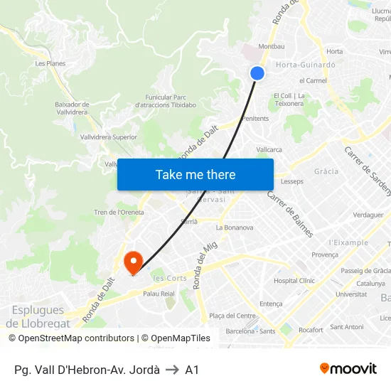 Pg. Vall D'Hebron-Av. Jordà to A1 map