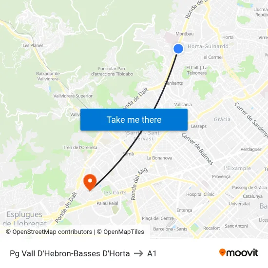 Pg Vall D'Hebron-Basses D'Horta to A1 map