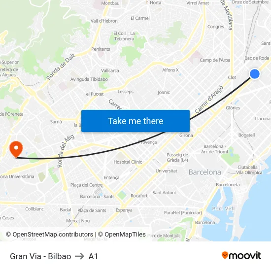 Gran Via - Bilbao to A1 map