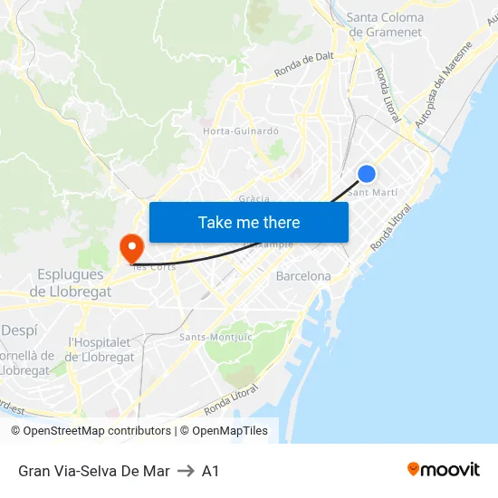 Gran Via-Selva De Mar to A1 map