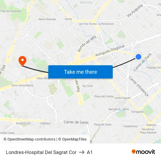 Londres-Hospital Del Sagrat Cor to A1 map