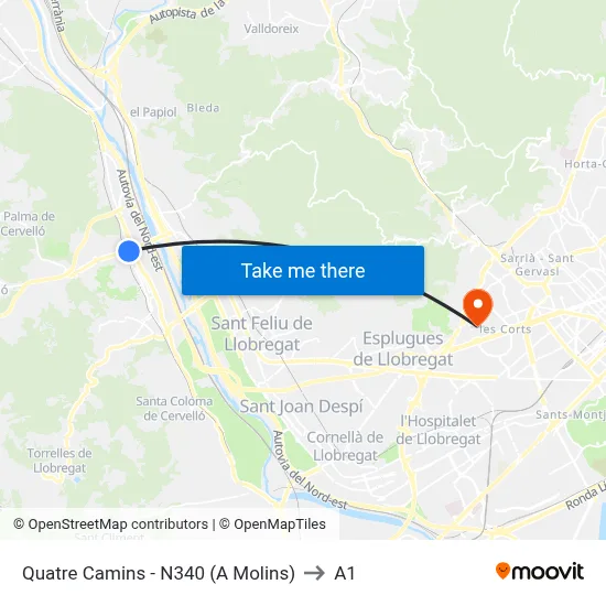 Quatre Camins - N340 (A Molins) to A1 map