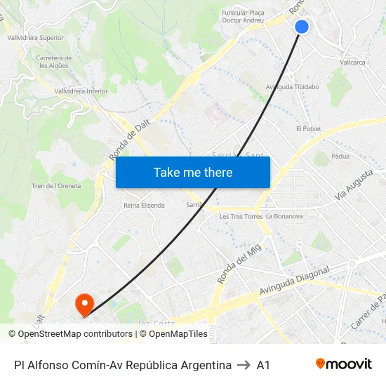 Pl Alfonso Comín-Av República Argentina to A1 map