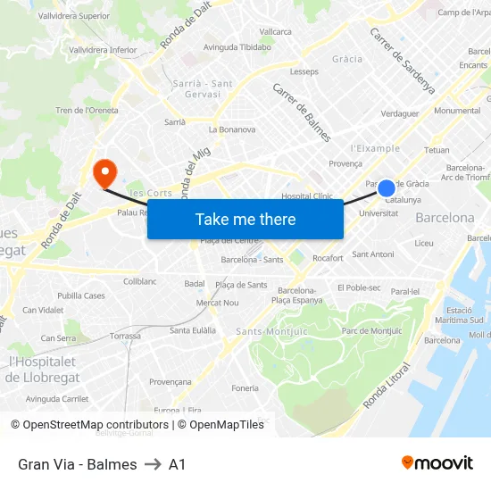 Gran Via - Balmes to A1 map