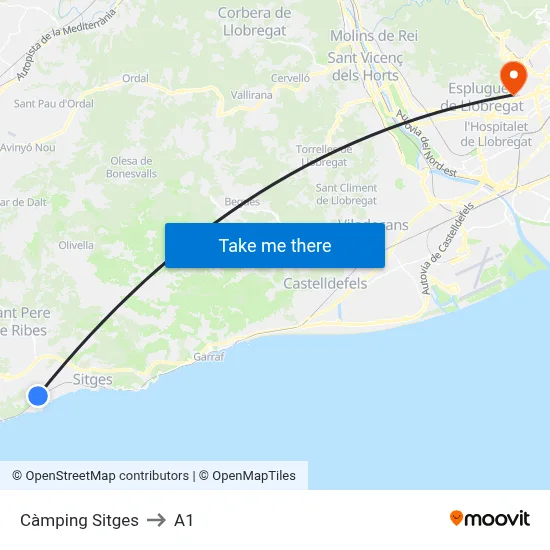 Càmping Sitges to A1 map