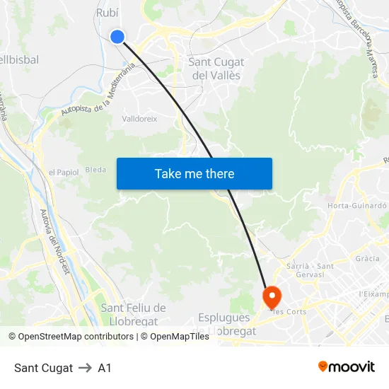 Sant Cugat to A1 map