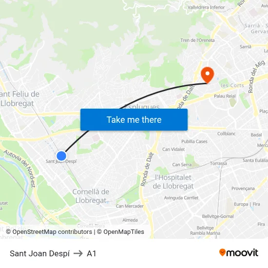Sant Joan Despí to A1 map