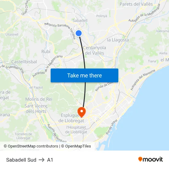 Sabadell Sud to A1 map
