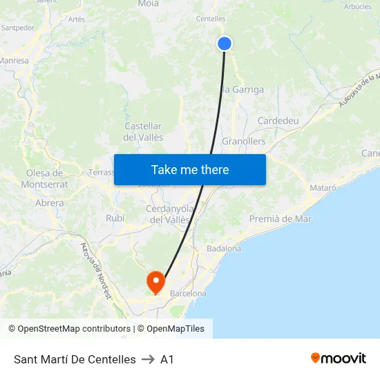 Sant Martí De Centelles to A1 map