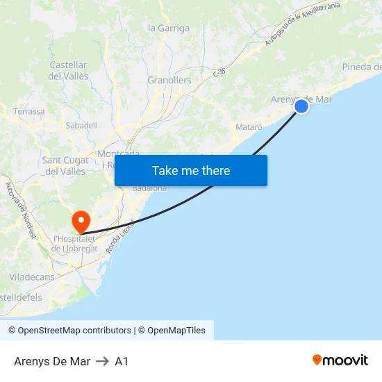 Arenys De Mar to A1 map