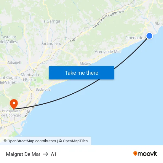 Malgrat De Mar to A1 map