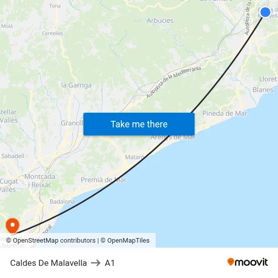 Caldes De Malavella to A1 map