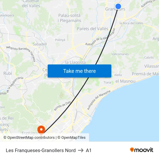 Les Franqueses-Granollers Nord to A1 map