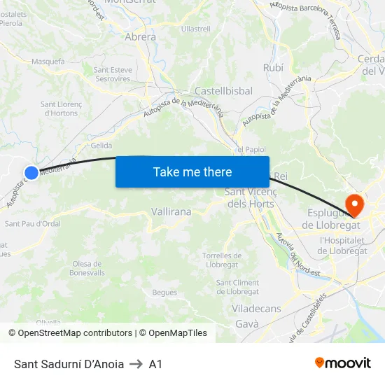 Sant Sadurní D’Anoia to A1 map