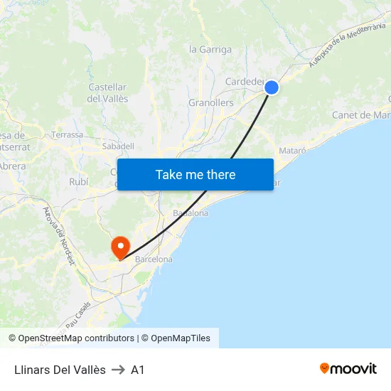 Llinars Del Vallès to A1 map